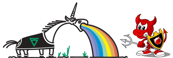 Beastie meets a rainbow barfing unicorn!