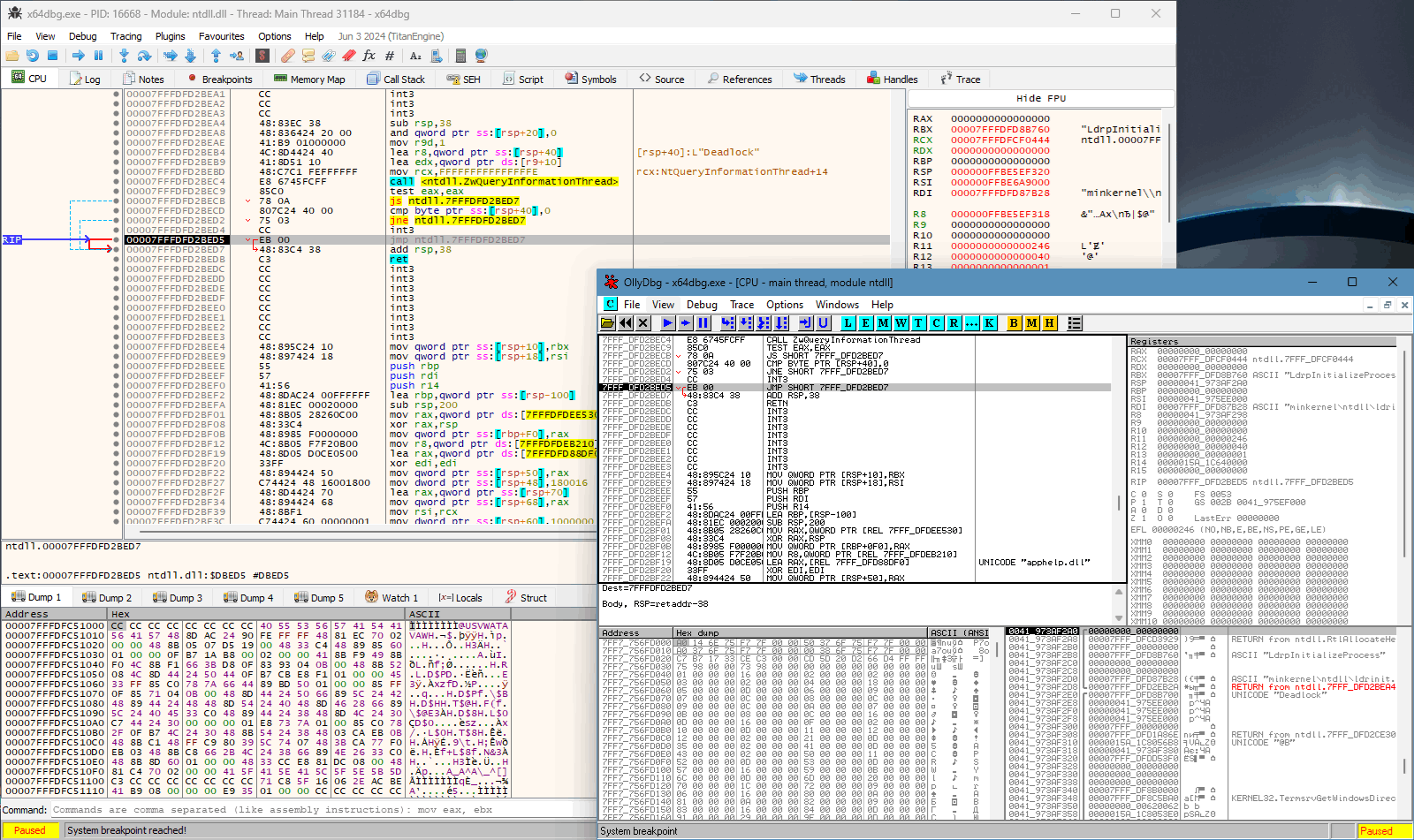 Debugging bugs in x64dbg debugger. No debugger